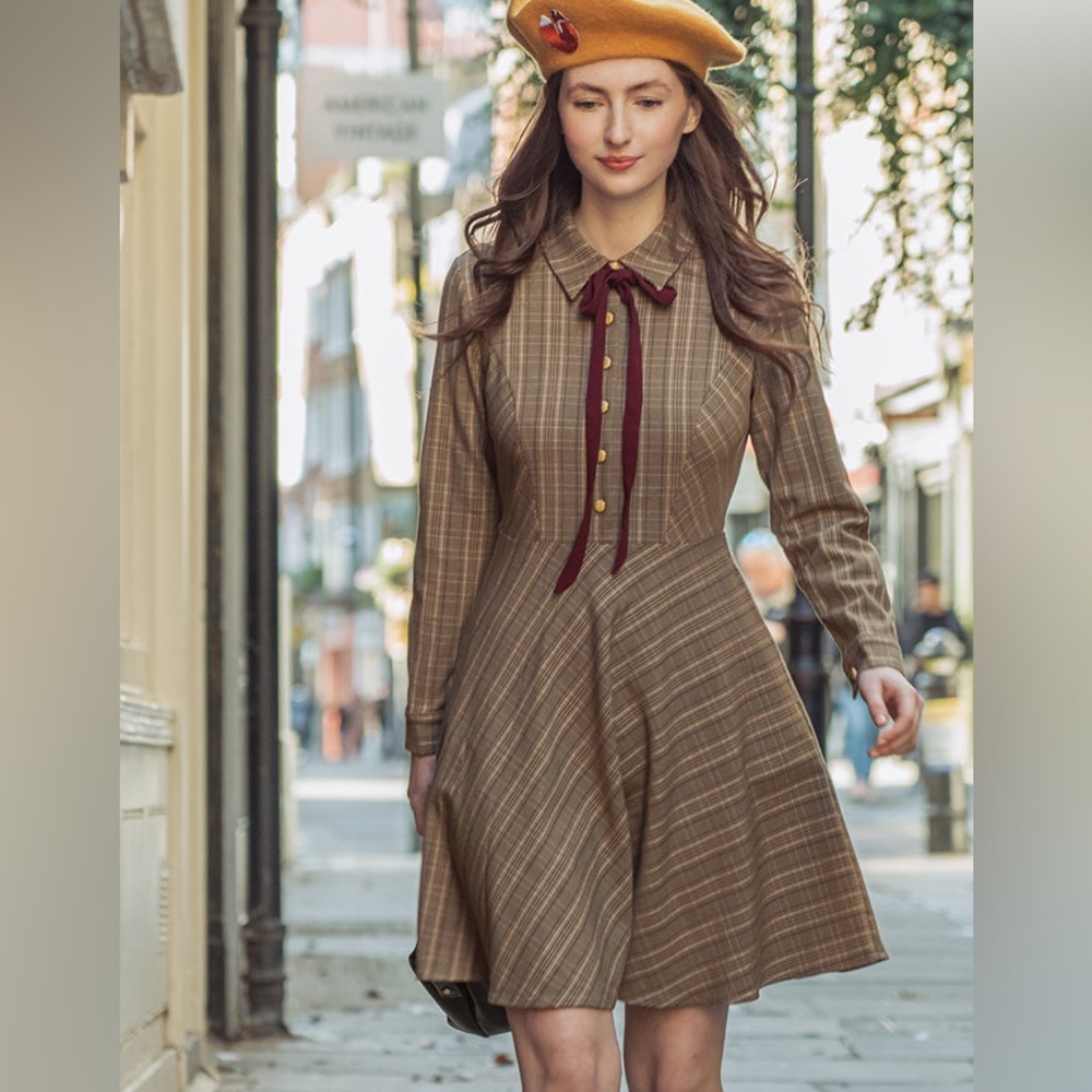 Miss Patina Emmeline Dress Plaid Brown Long-Sleeve Dress